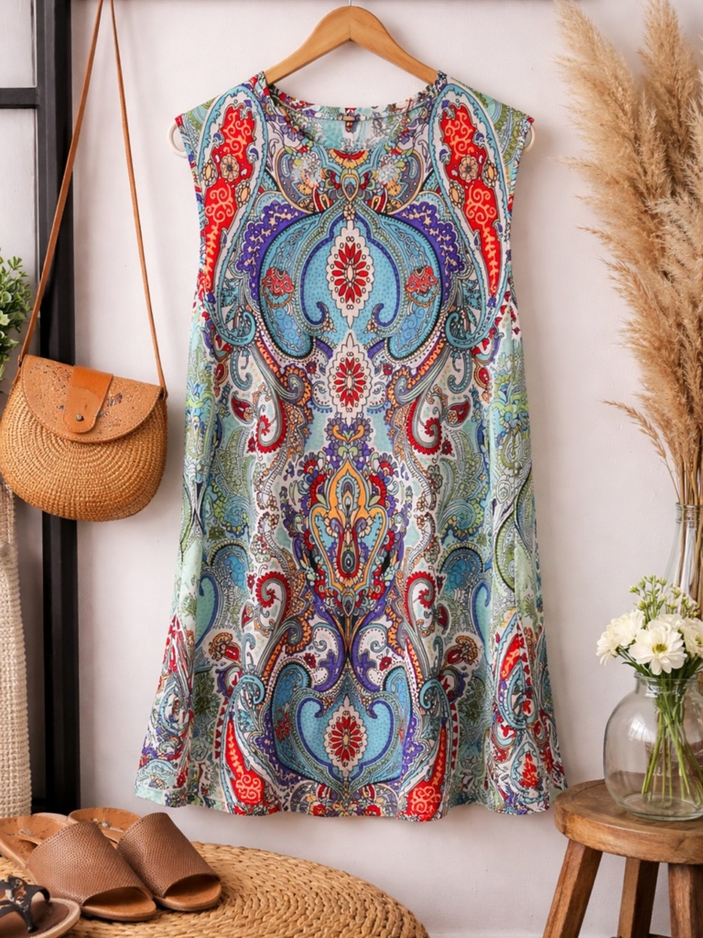 Sleeveless Paisley Print Midi Dress in Multicolor